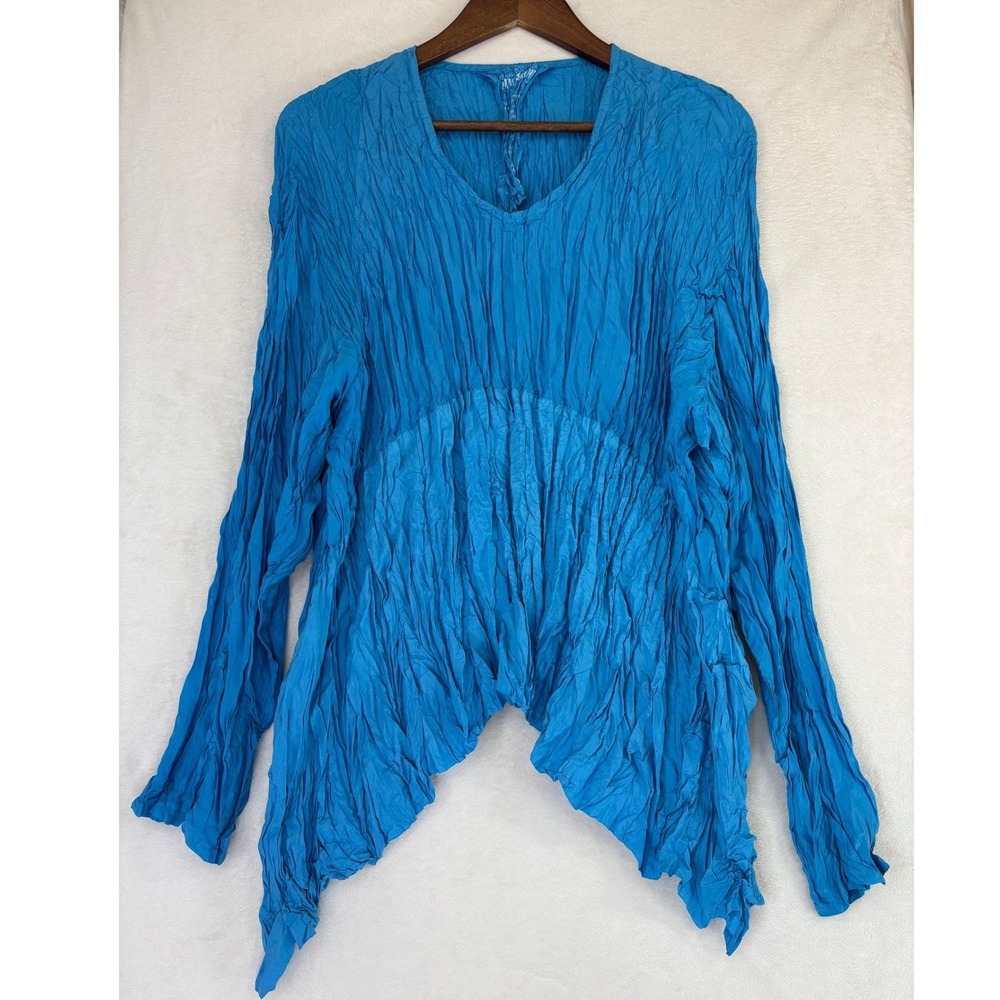 PRIVATSACHEN 100% Silk Cocon Commerz Lagenlook Crinkle Crushed Tunic Top Blue